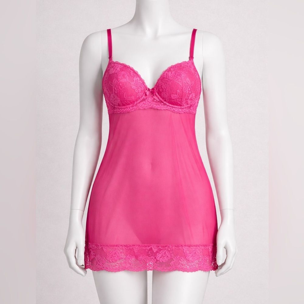 RAMPAGE Intimates Women Size M Babydoll Chemise Pink Mesh Pink Underwire Bra